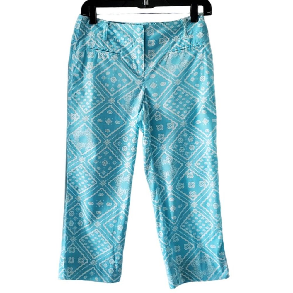 Ann Taylor Loft Boho Paisley Crop Pants | Like New | 0P | Turquoise White - Picture 4 of 12